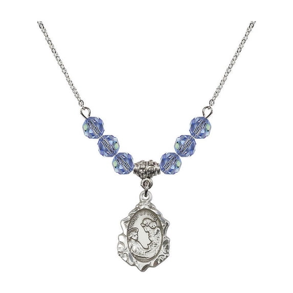 18-Inch Rhodium Plated Necklace with 6mm Light Blue September Birth Month Stone Beads and Saint Cecilia Charm