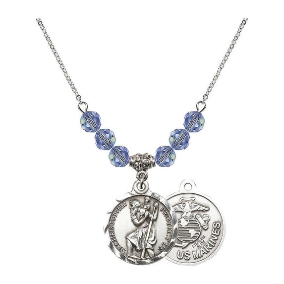 18-Inch Rhodium Plated Necklace with 6mm Light Blue September Birth Month Stone Beads and Saint Christopher / Marines Charm