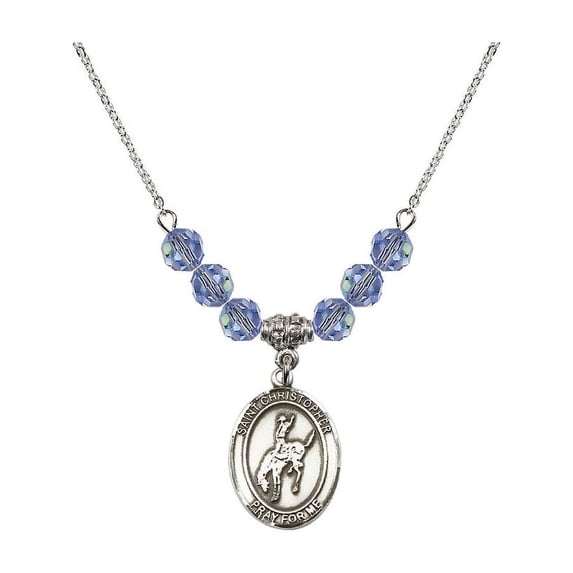 18-Inch Rhodium Plated Necklace with 6mm Light Blue September Birth Month Stone Beads and Saint Christopher / Rodeo Charm