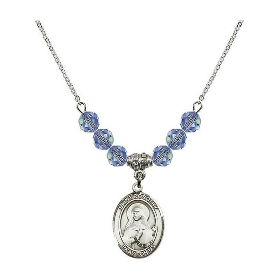 18-Inch Rhodium Plated Necklace with 6mm Light Blue September Birth Month Stone Beads and Saint Dorothy Charm
