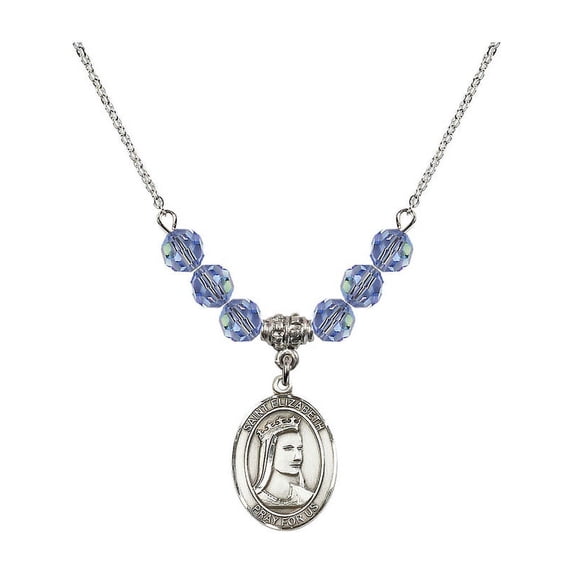18-Inch Rhodium Plated Necklace with 6mm Light Blue September Birth Month Stone Beads and Saint Elizabeth of Hungary Charm