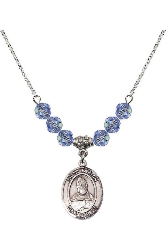 18-Inch Rhodium Plated Necklace with 6mm Light Blue September Birth Month Stone Beads and Saint Fabian Charm