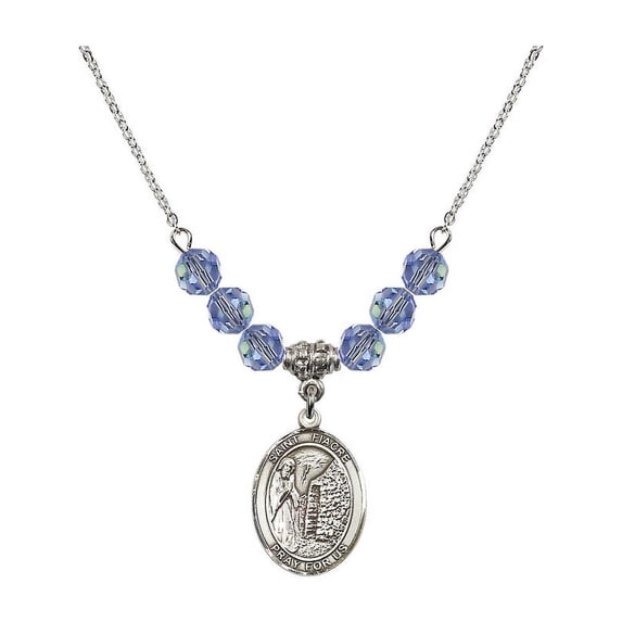 18-Inch Rhodium Plated Necklace with 6mm Light Blue September Birth Month Stone Beads and Saint Fiacre Charm