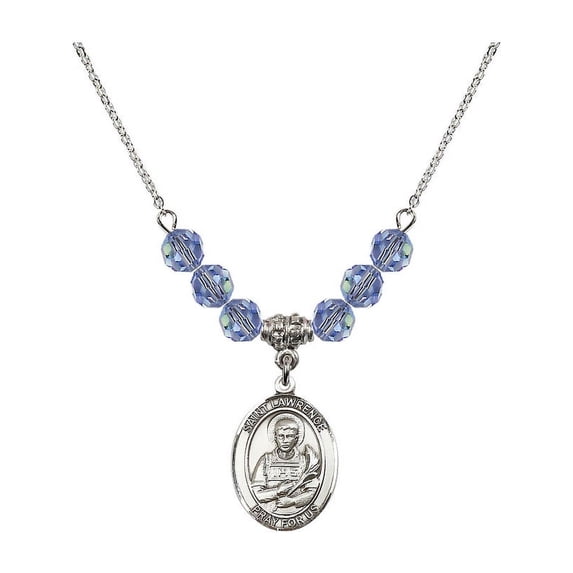 18-Inch Rhodium Plated Necklace with 6mm Light Blue September Birth Month Stone Beads and Saint Lawrence Charm