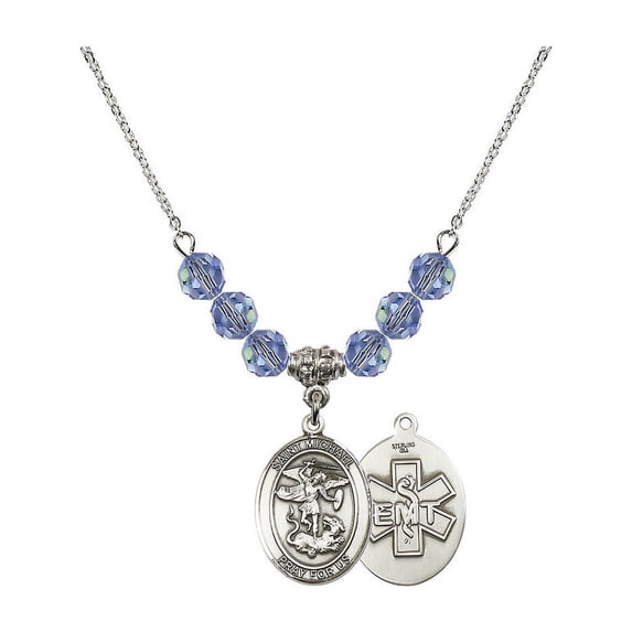 18-Inch Rhodium Plated Necklace with 6mm Light Blue September Birth Month Stone Beads and Saint Michael / EMT Charm