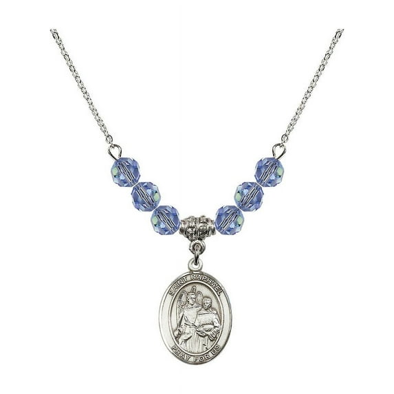18-Inch Rhodium Plated Necklace with 6mm Light Blue September Birth Month Stone Beads and Saint Raphael the Archangel Charm