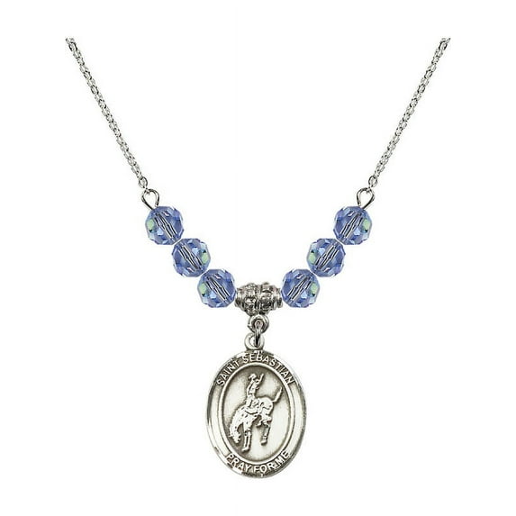 18-Inch Rhodium Plated Necklace with 6mm Light Blue September Birth Month Stone Beads and Saint Sebastian / Rodeo Charm
