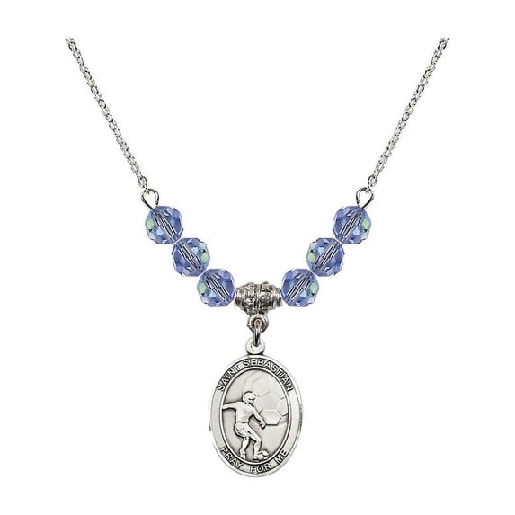 18-Inch Rhodium Plated Necklace with 6mm Light Blue September Birth Month Stone Beads and Saint Sebastian / Soccer Charm