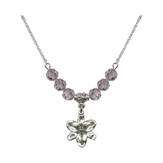 18-Inch Rhodium Plated Necklace with 6mm Light Purple February Birth Month Stone Beads and Chastity Charm