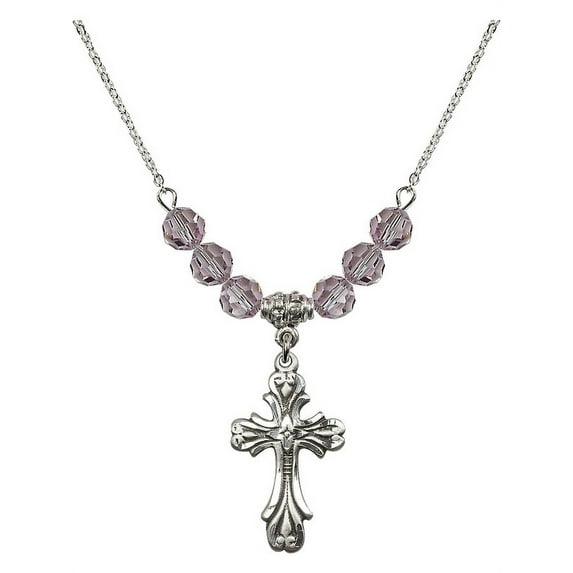 18-Inch Rhodium Plated Necklace with 6mm Light Purple February Birth Month Stone Beads and Cross Charm