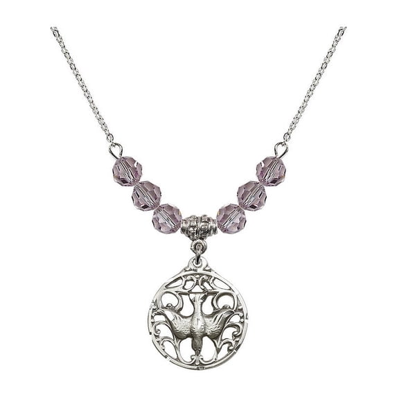 18-Inch Rhodium Plated Necklace with 6mm Light Purple February Birth Month Stone Beads and Holy Spirit Charm