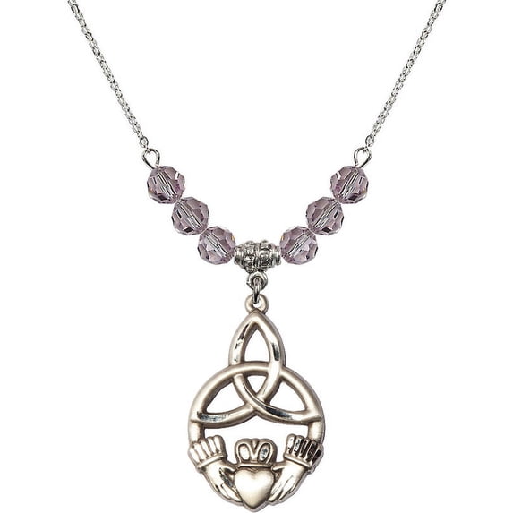 18-Inch Rhodium Plated Necklace with 6mm Light Purple February Birth Month Stone Beads and Irish Knot / Claddagh Charm