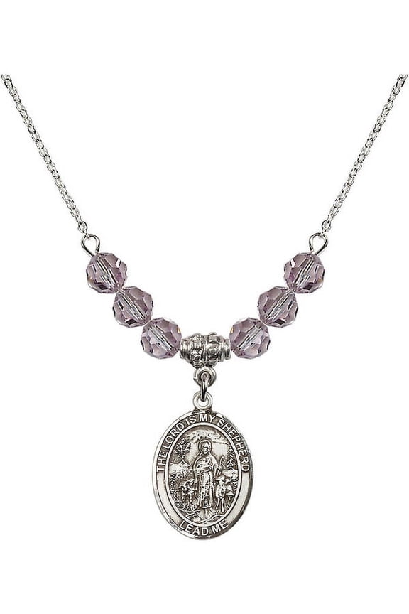 18-Inch Rhodium Plated Necklace with 6mm Light Purple February Birth Month Stone Beads and Lord Is My Shepherd Charm