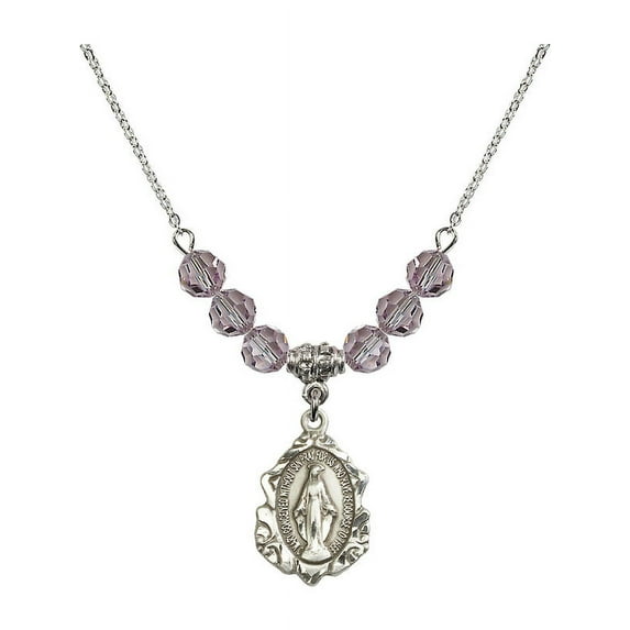 18-Inch Rhodium Plated Necklace with 6mm Light Purple February Birth Month Stone Beads and Miraculous Charm