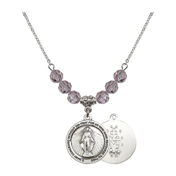 18-Inch Rhodium Plated Necklace with 6mm Light Purple February Birth Month Stone Beads and Miraculous Charm