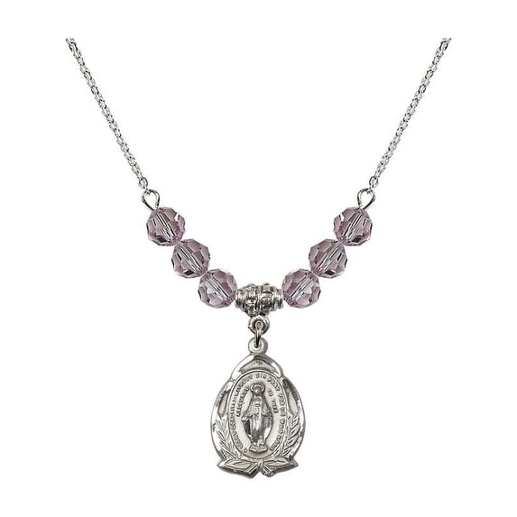 18-Inch Rhodium Plated Necklace with 6mm Light Purple February Birth Month Stone Beads and Miraculous Charm