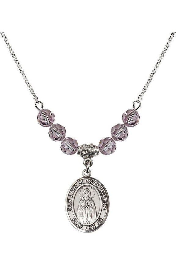 18-Inch Rhodium Plated Necklace with 6mm Light Purple February Birth Month Stone Beads and Our Lady of Rosa Mystica Charm