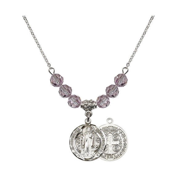 18-Inch Rhodium Plated Necklace with 6mm Light Purple February Birth Month Stone Beads and Saint Benedict Charm