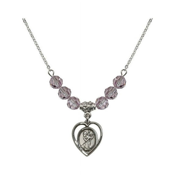 18-Inch Rhodium Plated Necklace with 6mm Light Purple February Birth Month Stone Beads and Saint Christopher Charm