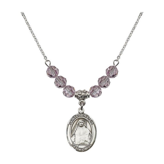 18-Inch Rhodium Plated Necklace with 6mm Light Purple February Birth Month Stone Beads and Saint Edith Stein Charm