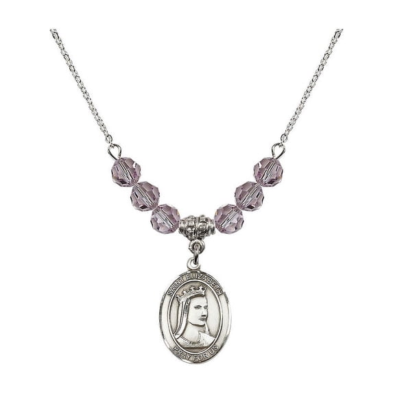 18-Inch Rhodium Plated Necklace with 6mm Light Purple February Birth Month Stone Beads and Saint Elizabeth of Hungary Charm
