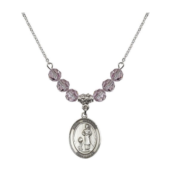 18-Inch Rhodium Plated Necklace with 6mm Light Purple February Birth Month Stone Beads and Saint Genesius of Rome Charm