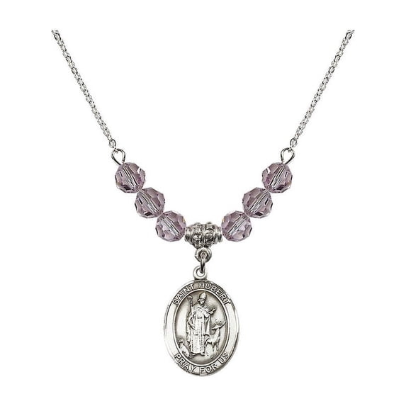 18-Inch Rhodium Plated Necklace with 6mm Light Purple February Birth Month Stone Beads and Saint Hubert of Liege Charm
