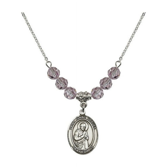 18-Inch Rhodium Plated Necklace with 6mm Light Purple February Birth Month Stone Beads and Saint Isaac Jogues Charm