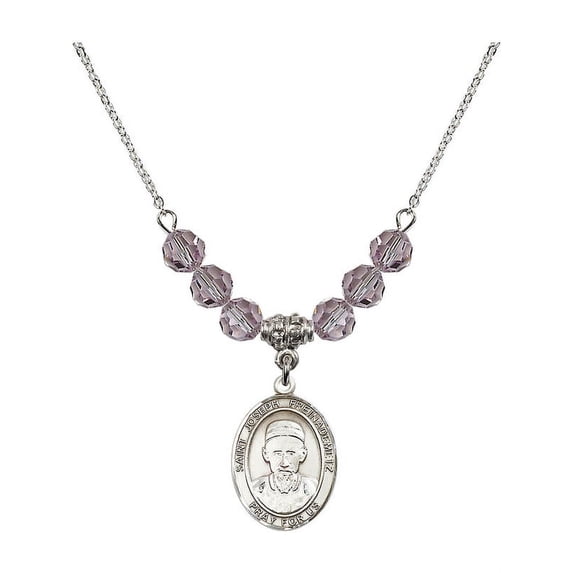 18-Inch Rhodium Plated Necklace with 6mm Light Purple February Birth Month Stone Beads and Saint Joseph Freinademetz Charm
