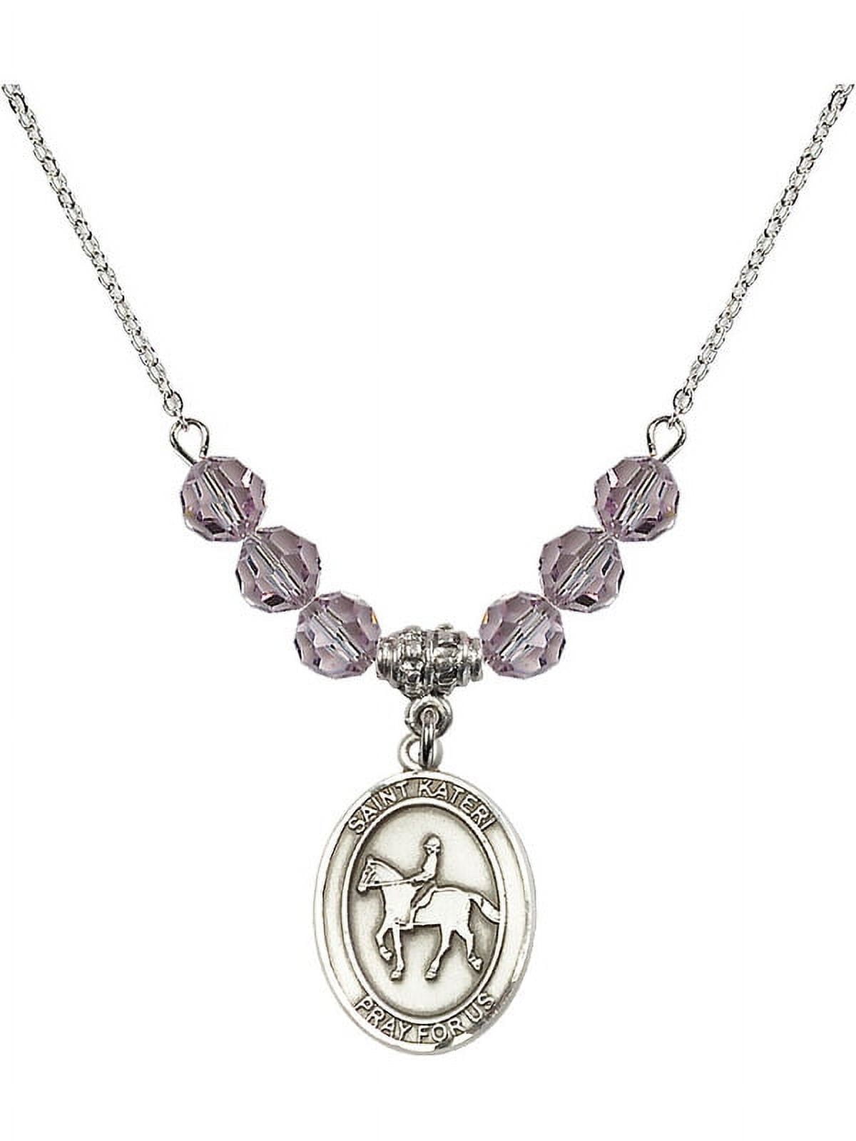 18-Inch Rhodium Plated Necklace with 6mm Light Purple February Birth Month Stone Beads and Saint Kateri/Equestrian Charm