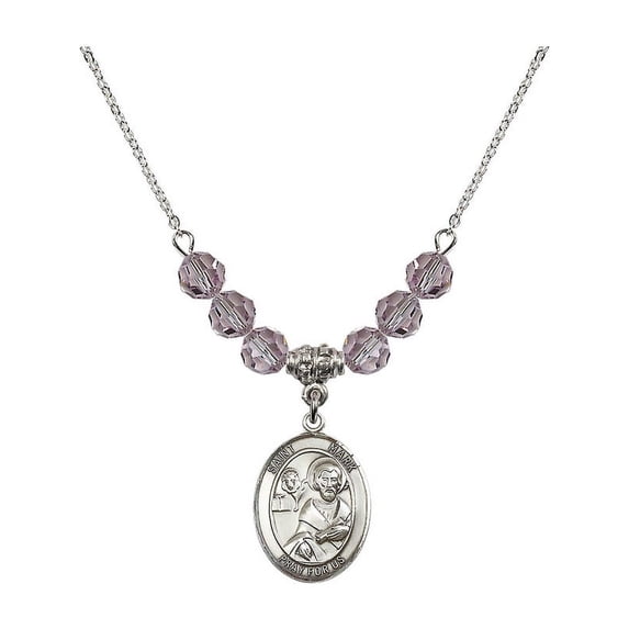18-Inch Rhodium Plated Necklace with 6mm Light Purple February Birth Month Stone Beads and Saint Mark the Evangelist Charm