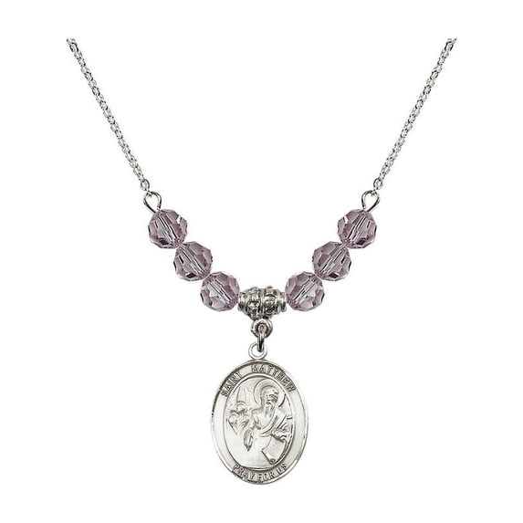 18-Inch Rhodium Plated Necklace with 6mm Light Purple February Birth Month Stone Beads and Saint Matthew the Apostle Charm