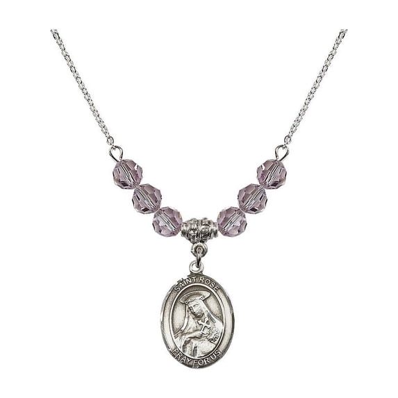 18-Inch Rhodium Plated Necklace with 6mm Light Purple February Birth Month Stone Beads and Saint Rose of Lima Charm