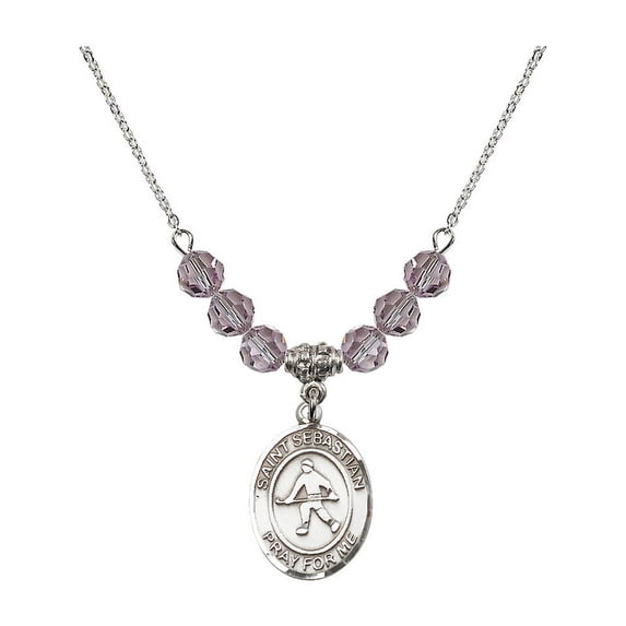 18-Inch Rhodium Plated Necklace with 6mm Light Purple February Birth Month Stone Beads and Saint Sebastian/Field Hockey Charm