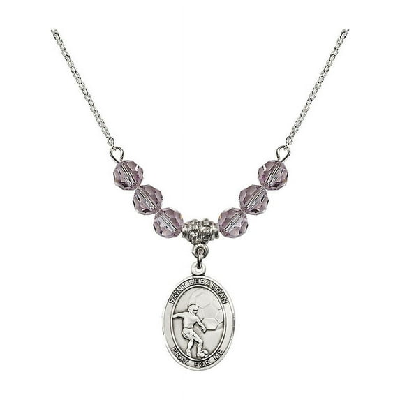 18-Inch Rhodium Plated Necklace with 6mm Light Purple February Birth Month Stone Beads and Saint Sebastian / Soccer Charm