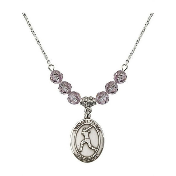 18-Inch Rhodium Plated Necklace with 6mm Light Purple February Birth Month Stone Beads and Saint Sebastian / Softball Charm