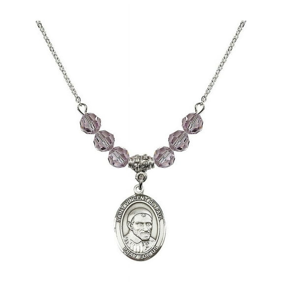 18-Inch Rhodium Plated Necklace with 6mm Light Purple February Birth Month Stone Beads and Saint Vincent de Paul Charm