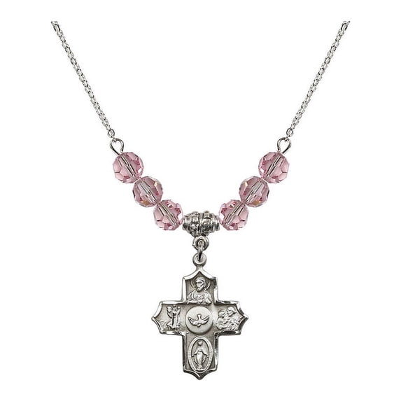 18-Inch Rhodium Plated Necklace with 6mm Light Rose Pink October Birth Month Stone Beads and 5-Way Charm
