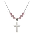 thumbnail image 1 of 18-Inch Rhodium Plated Necklace with 6mm Light Rose Pink October Birth Month Stone Beads and Cross Charm, 1 of 1