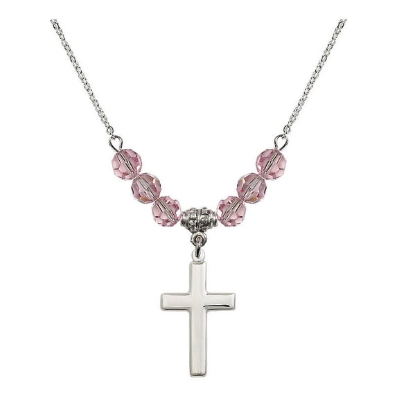 18-Inch Rhodium Plated Necklace with 6mm Light Rose Pink October Birth Month Stone Beads and Cross Charm