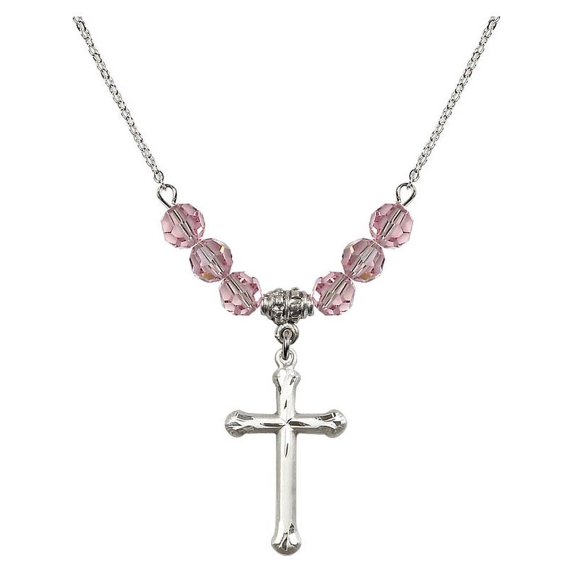 18-Inch Rhodium Plated Necklace with 6mm Light Rose Pink October Birth Month Stone Beads and Cross Charm