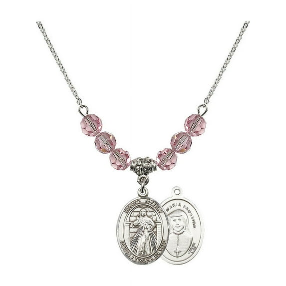 18-Inch Rhodium Plated Necklace with 6mm Light Rose Pink October Birth Month Stone Beads and Divine Mercy Charm