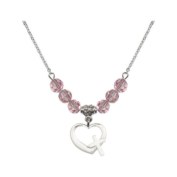 18-Inch Rhodium Plated Necklace with 6mm Light Rose Pink October Birth Month Stone Beads and Heart / Cross Charm