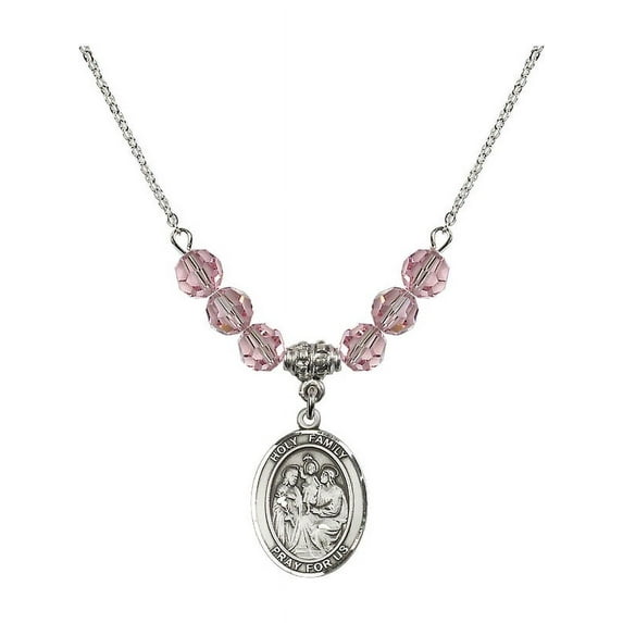 18-Inch Rhodium Plated Necklace with 6mm Light Rose Pink October Birth Month Stone Beads and Holy Family Charm