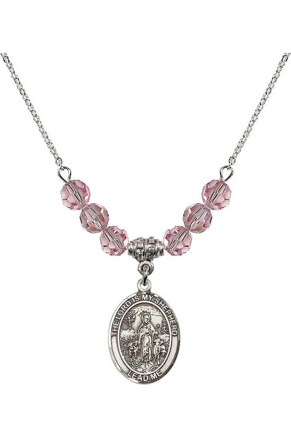 18-Inch Rhodium Plated Necklace with 6mm Light Rose Pink October Birth Month Stone Beads and Lord Is My Shepherd Charm