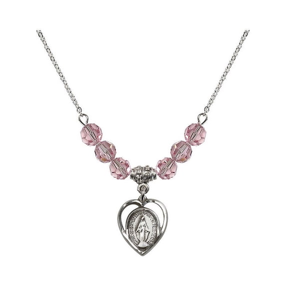 18-Inch Rhodium Plated Necklace with 6mm Light Rose Pink October Birth Month Stone Beads and Miraculous Charm