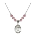 thumbnail image 1 of 18-Inch Rhodium Plated Necklace with 6mm Light Rose Pink October Birth Month Stone Beads and Saint Damien of Molokai Charm, 1 of 1