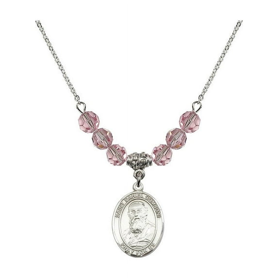 18-Inch Rhodium Plated Necklace with 6mm Light Rose Pink October Birth Month Stone Beads and Saint Daniel Comboni Charm