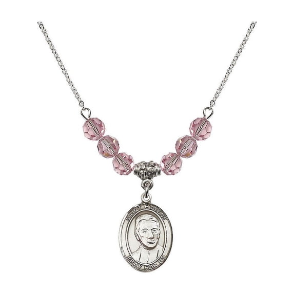 18-Inch Rhodium Plated Necklace with 6mm Light Rose Pink October Birth Month Stone Beads and Saint Eugene de Mazenod Charm