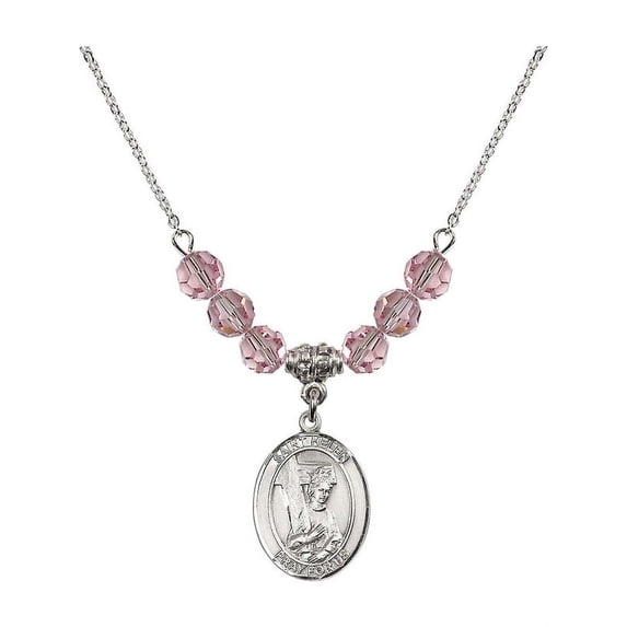 18-Inch Rhodium Plated Necklace with 6mm Light Rose Pink October Birth Month Stone Beads and Saint Helen Charm